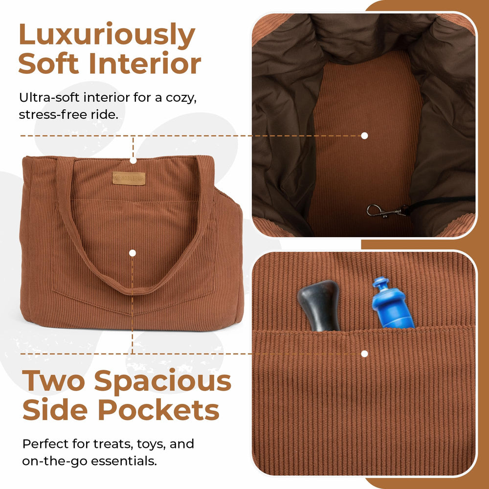 NoblePup Corduroy Dog Purse Harness Clip demonstrates secure travel