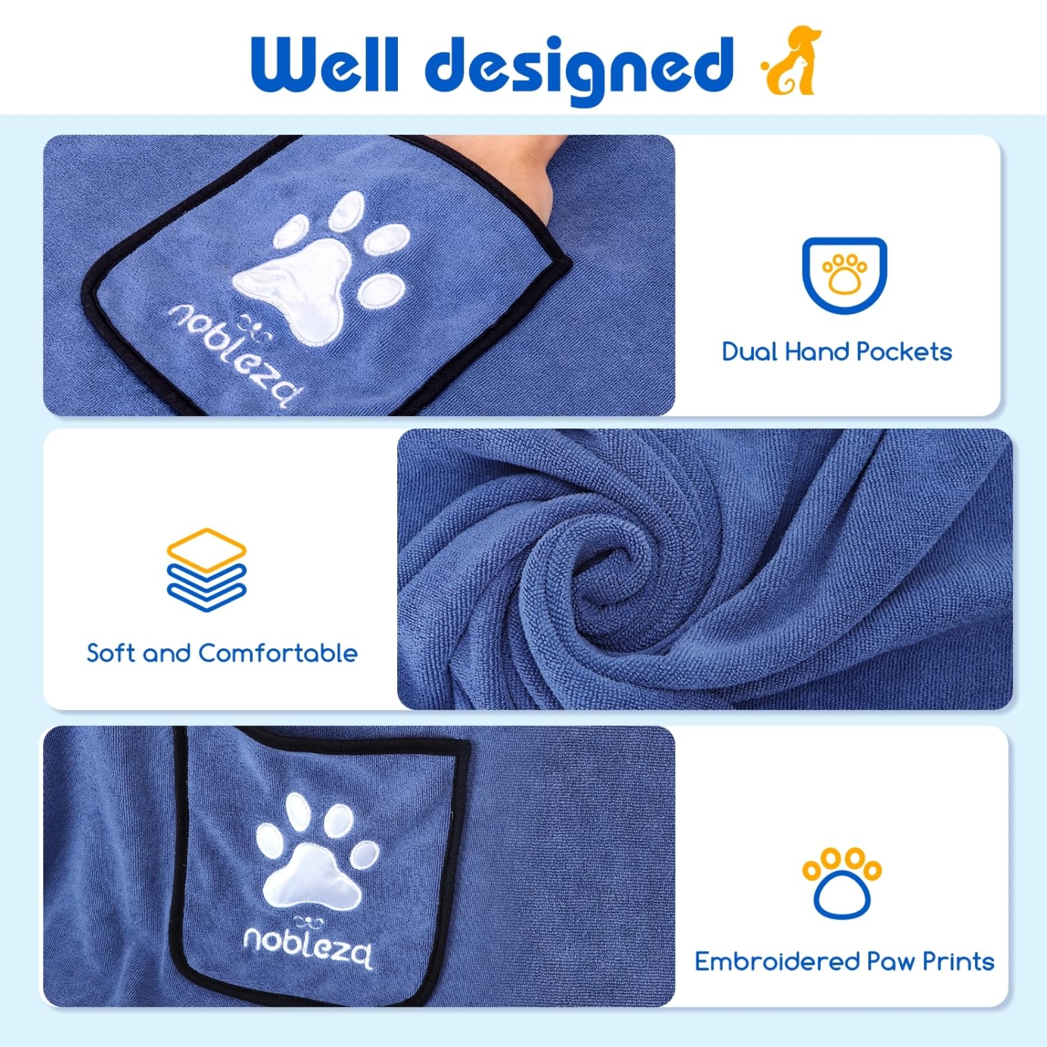 Nobleza dog towel hand pockets design for easy chest drying.