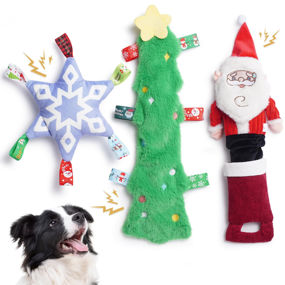 Nocciola Santa Christmas dog toy with squeaker for interactive play.
