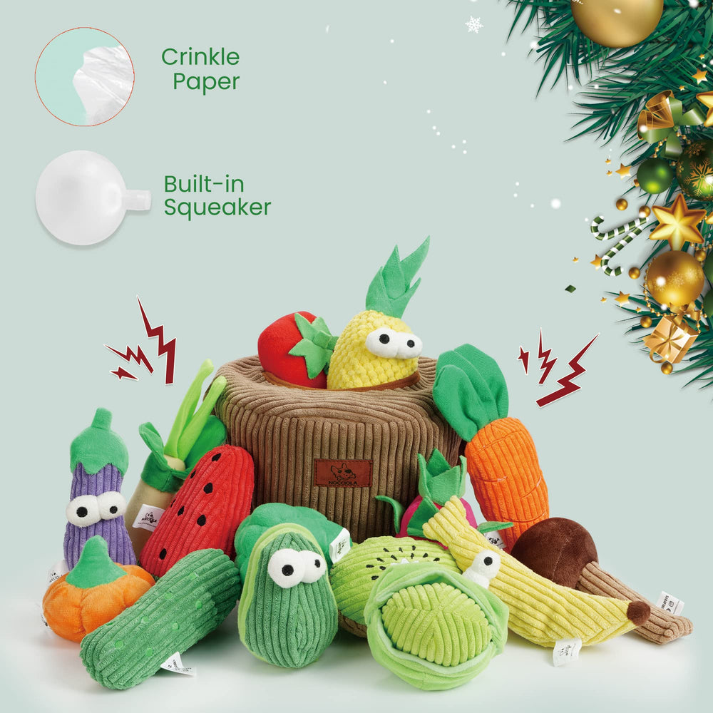 Nocciola crinkle squeaky dog toy in basket sparks puzzle play.