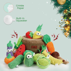 Nocciola crinkle squeaky dog toy in basket sparks puzzle play.