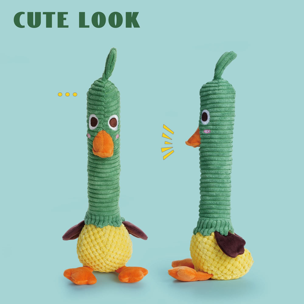 Nocciola duck toy interior squeaker stays active for solo play sessions.