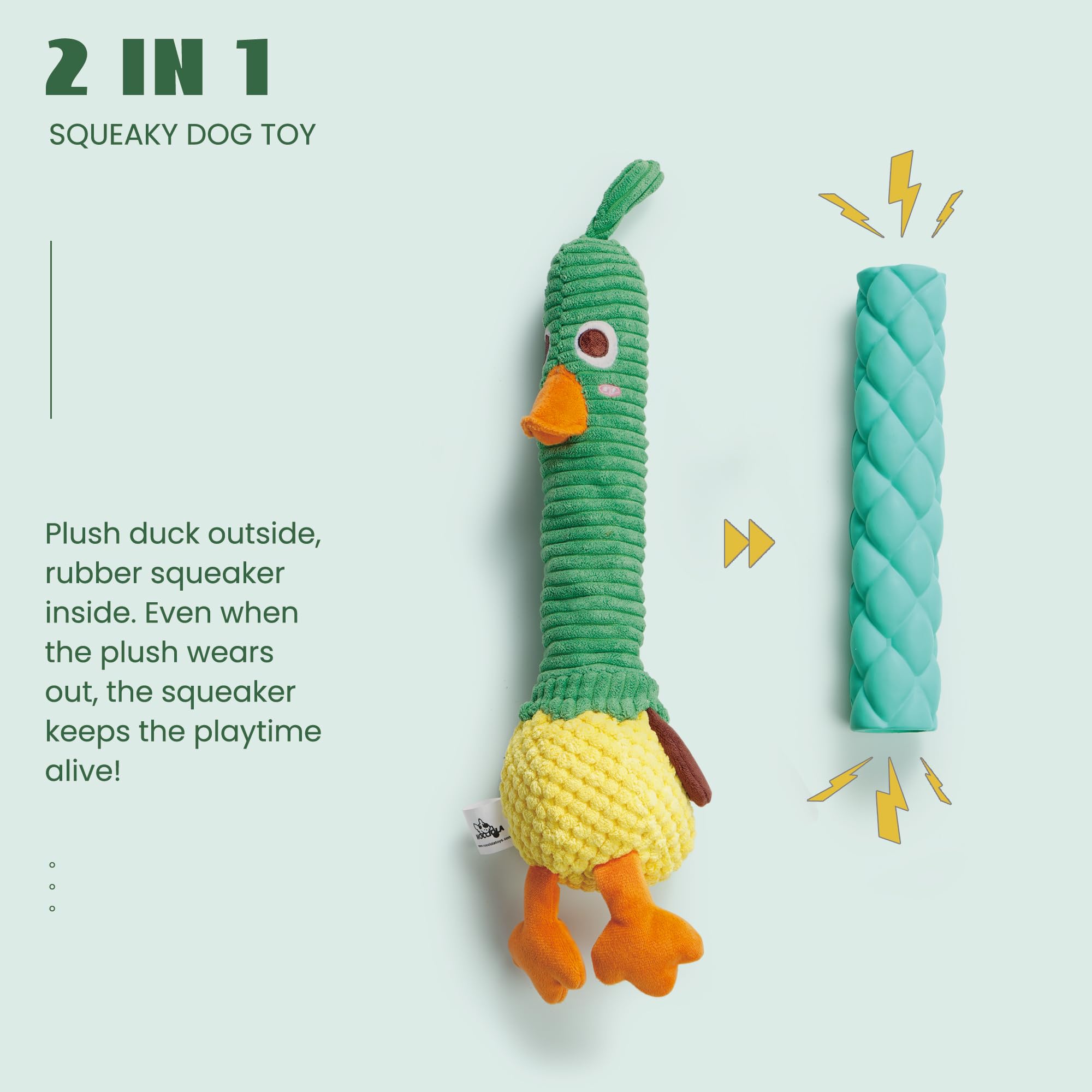 Nocciola duck toy textured fabric provides satisfying chew textures for aggressive chewers.