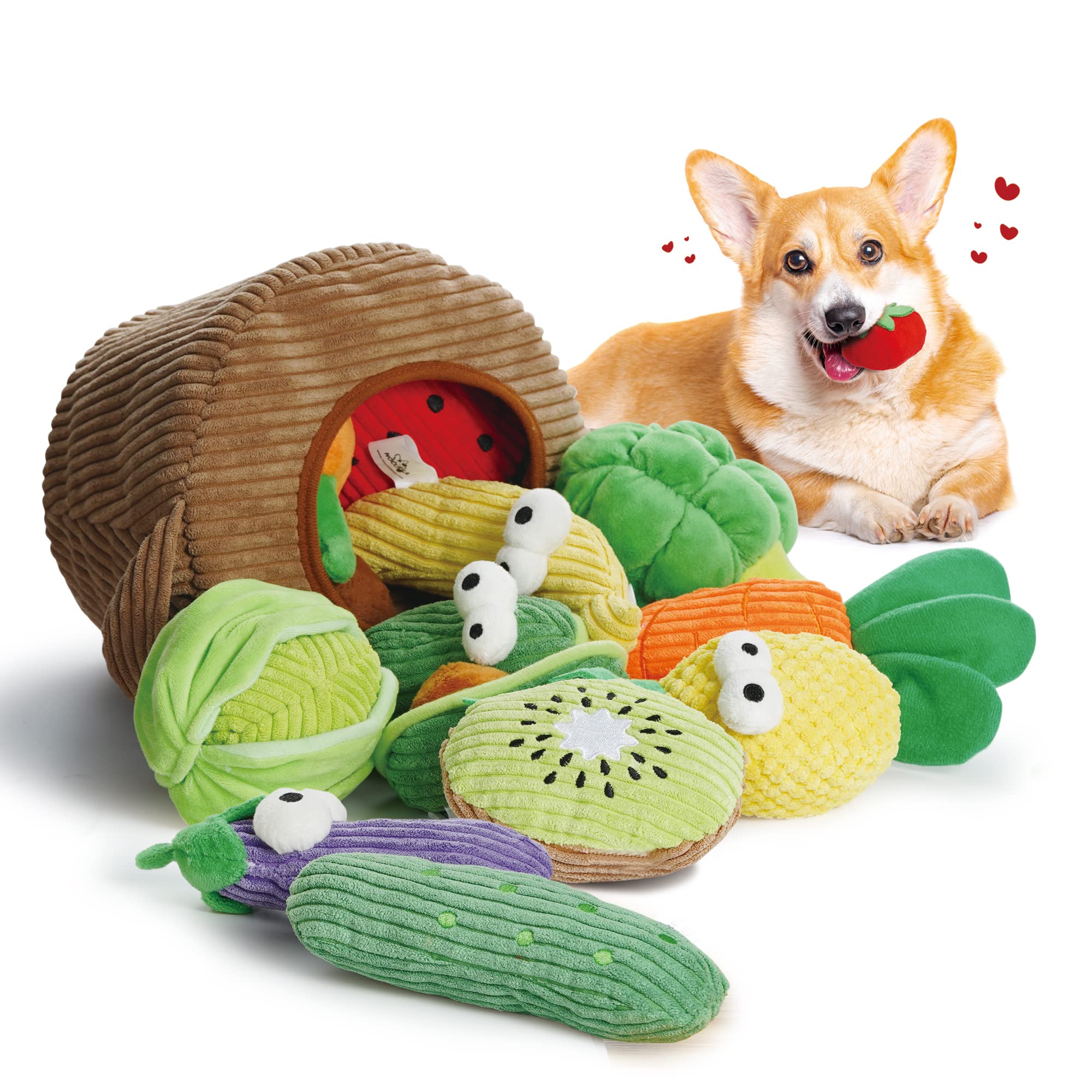 Nocciola fruits and veggies dog toys in a grocery basket for interactive play.