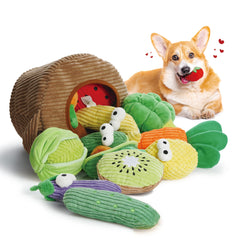 Nocciola fruits and veggies dog toys in a grocery basket for interactive play.