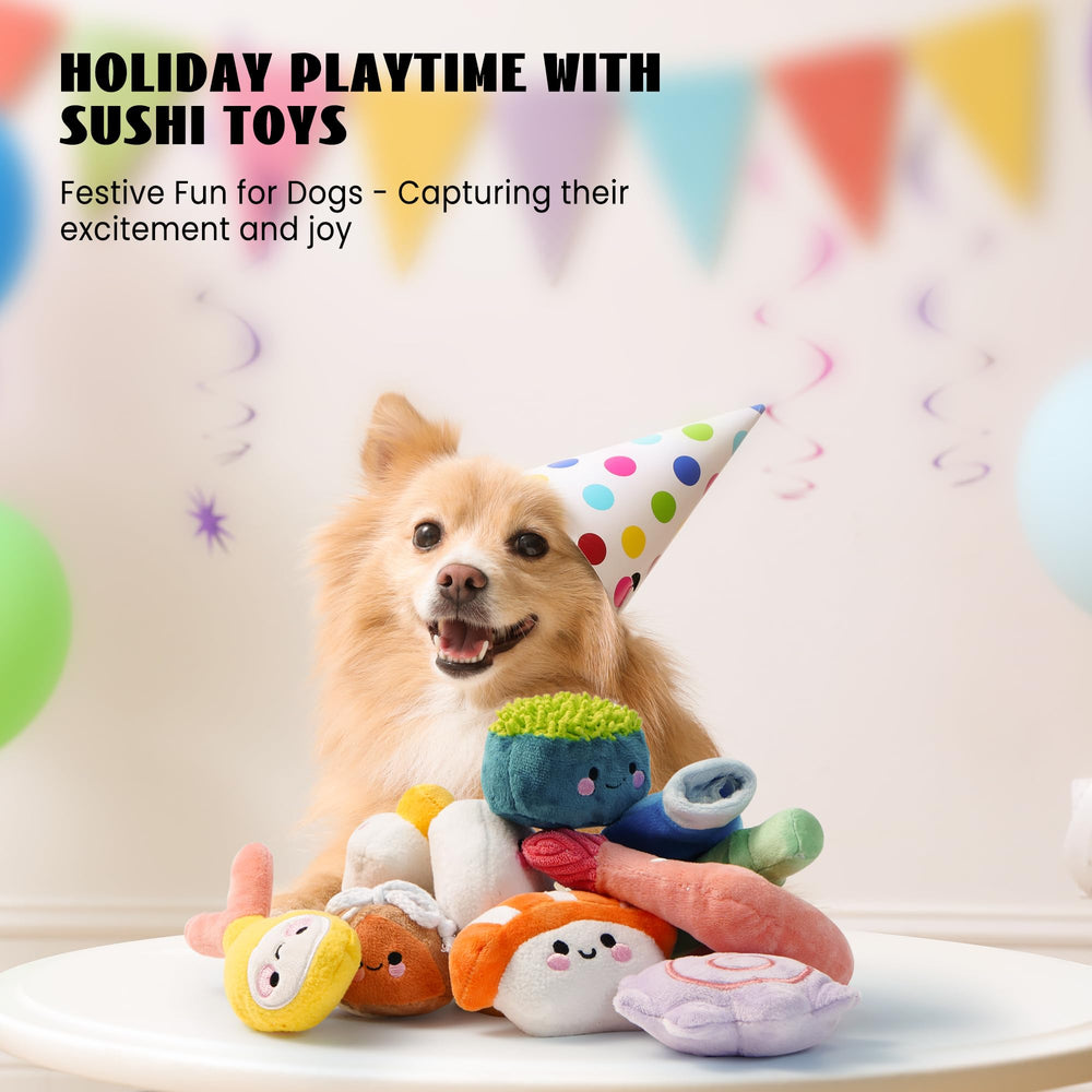 Nocciola sushi toy on a playful pup conveys safe, skin-friendly materials.