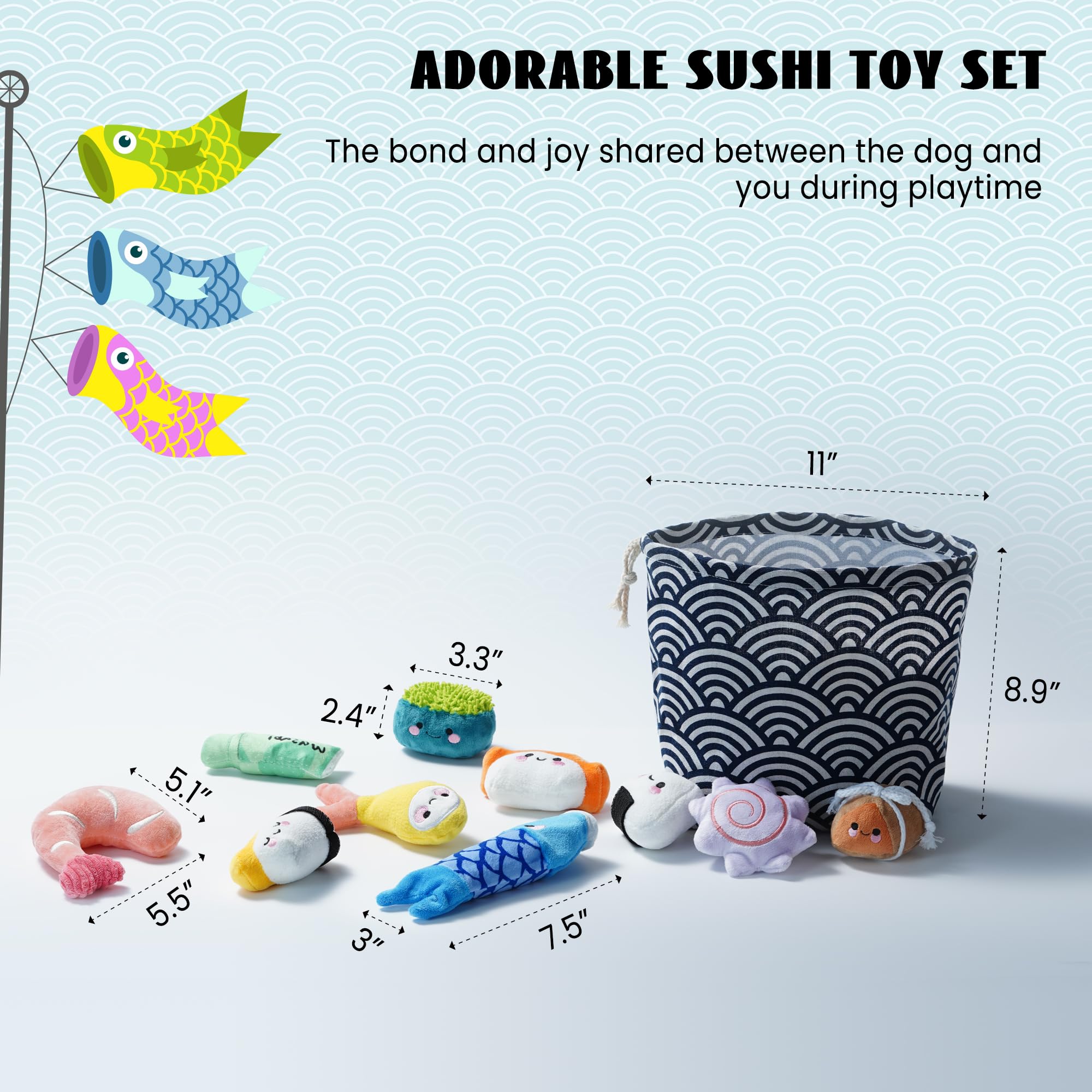 Nocciola sushi toy shown with small-dog grip-friendly size for paw and mouth.