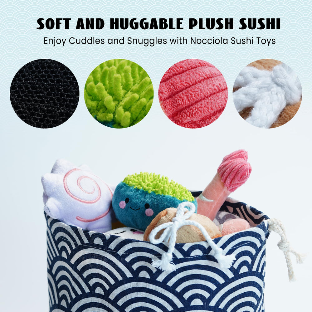 Nocciola sushi toy textured fabric promotes chewing surface contact for gentle cleaning.