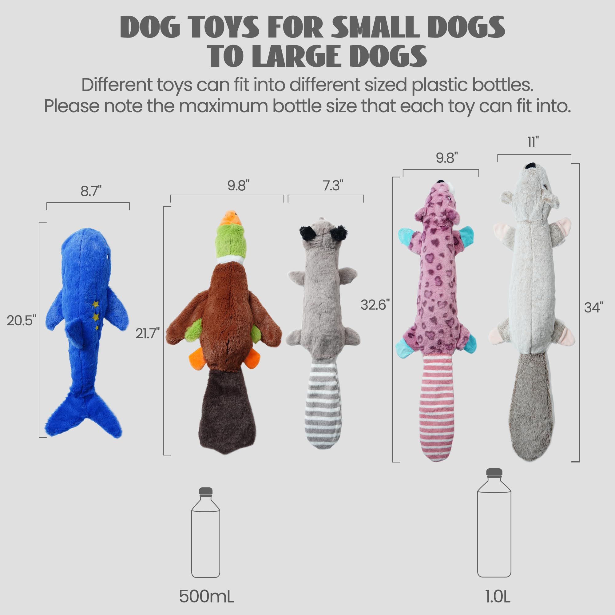 Nocciola dog toy with squeaker in the head and crinkle tail invites interactive play.