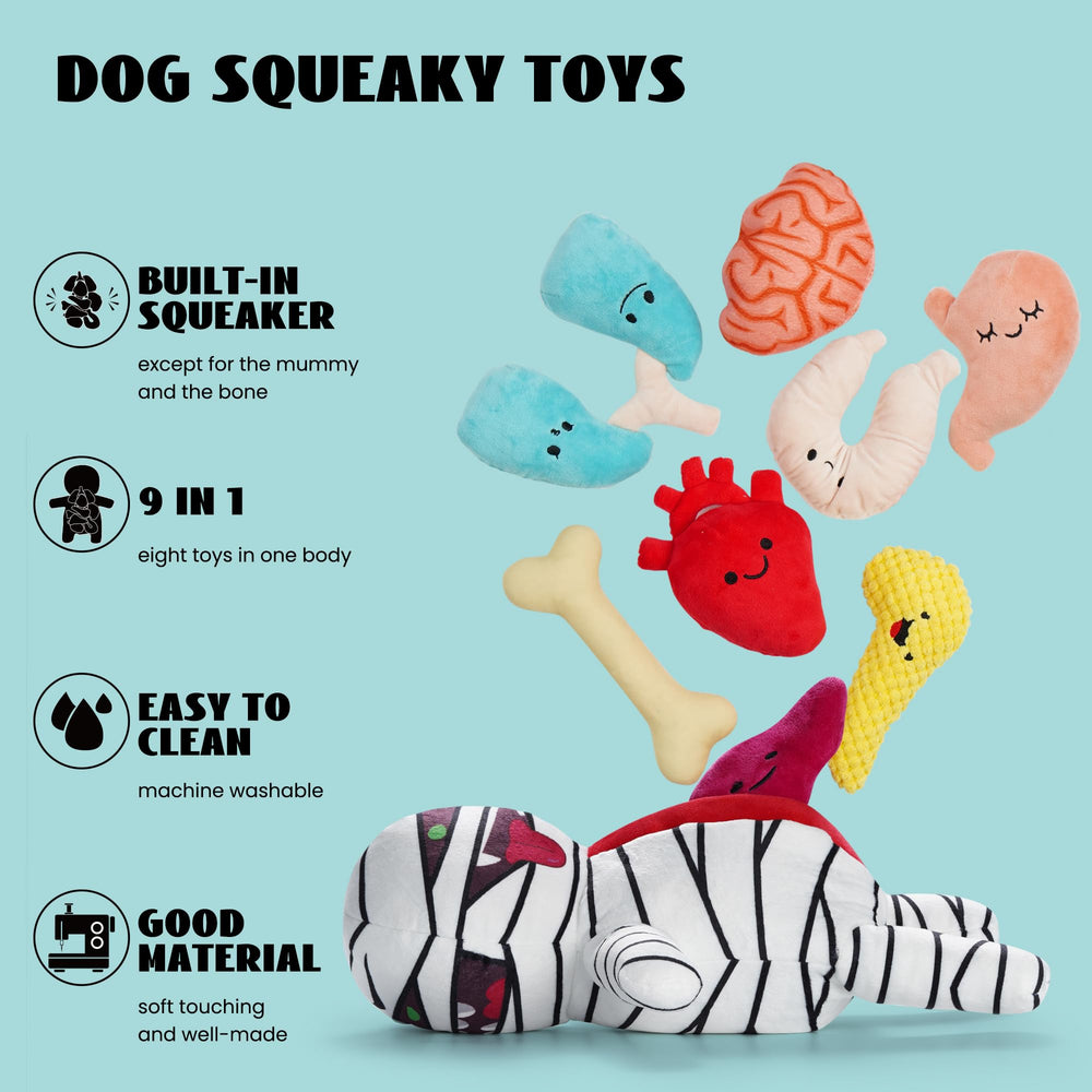 Nocciola Zombie Mummy dog toy organs-stomach: durable plush with playful squeaks.