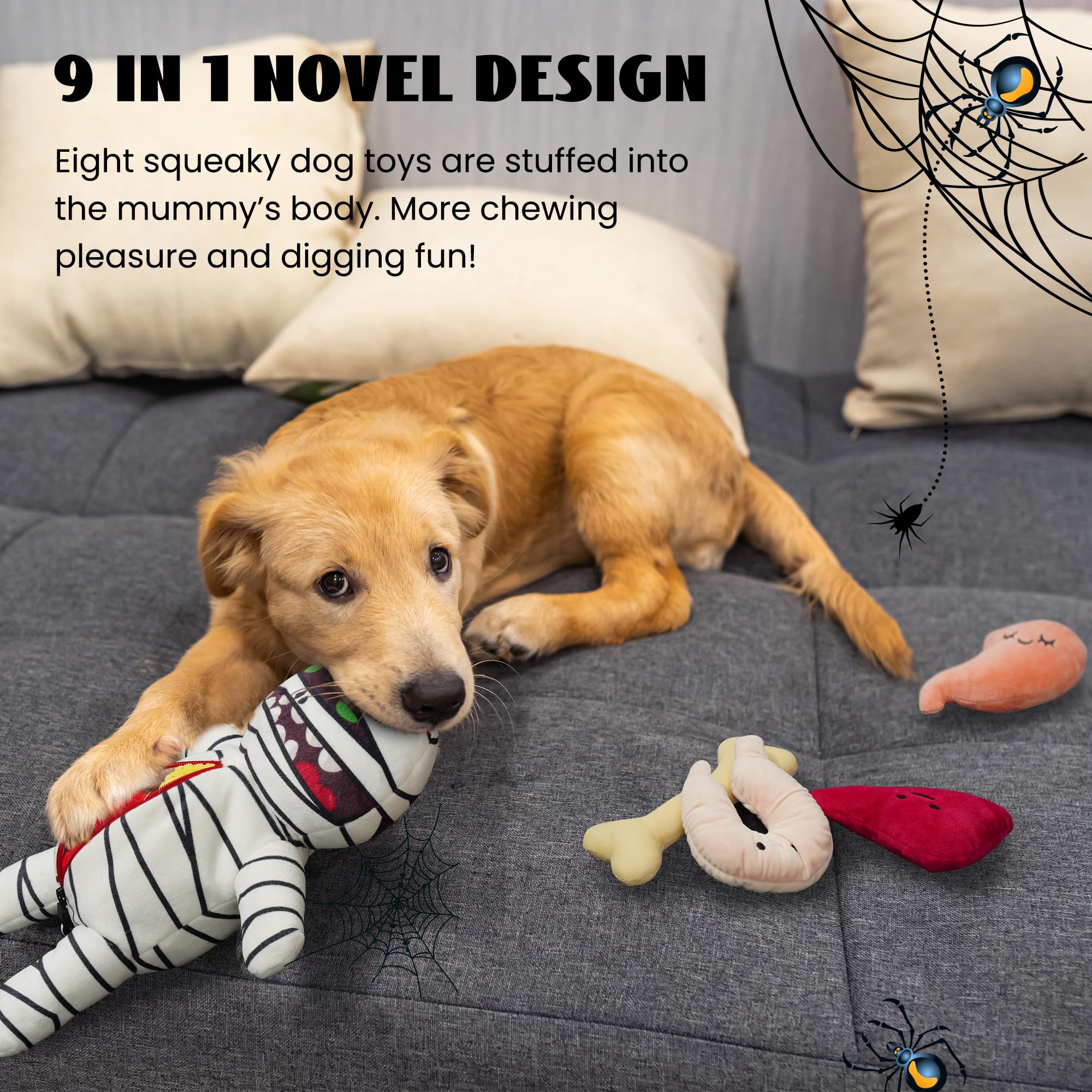 Nocciola Zombie Mummy dog toy squeaker-inside: compact squeaks boost engagement during play.
