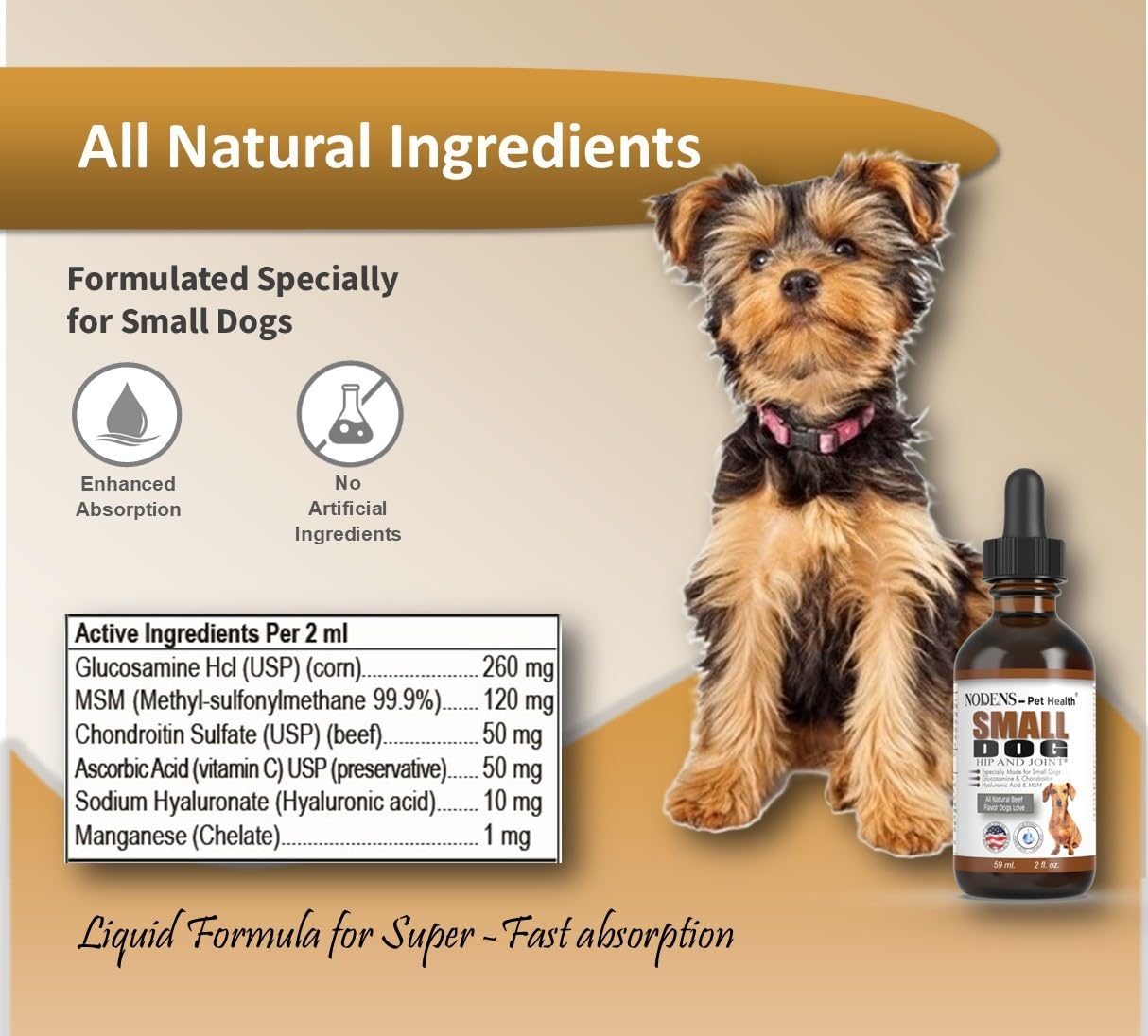 NODENS bottle close-up showing liquid formula with meat-flavor appeal for picky dogs