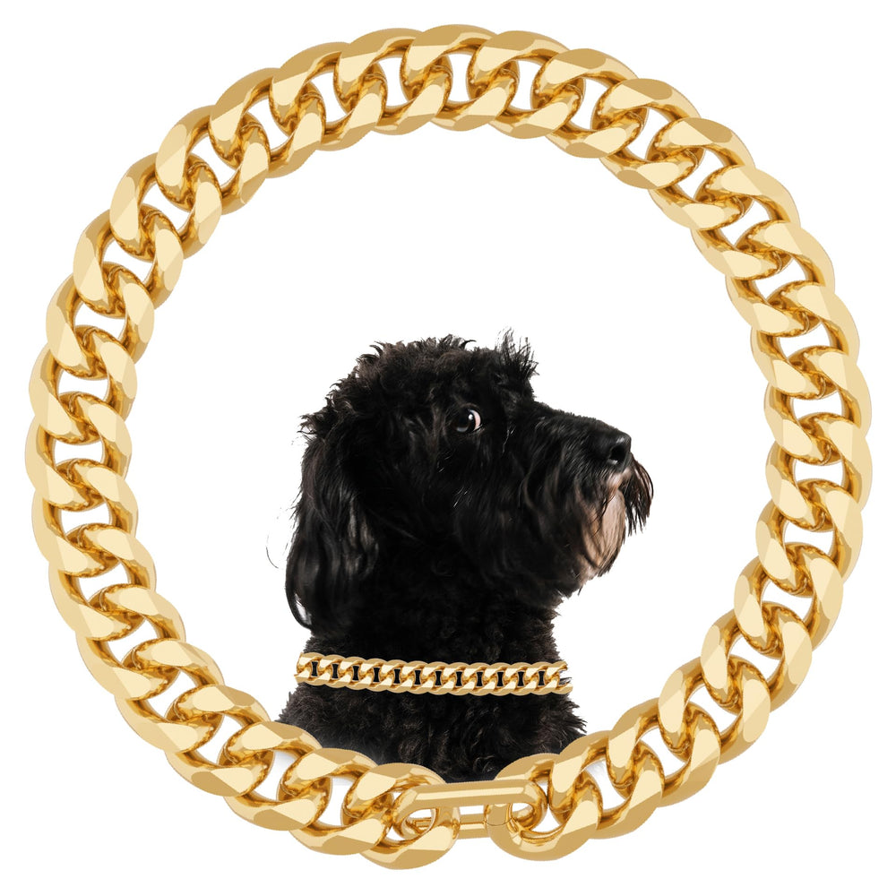 NOERGDRLY Gold Cuban chain dog collar close-up shows luxury plating and sturdy construction for daily wear.