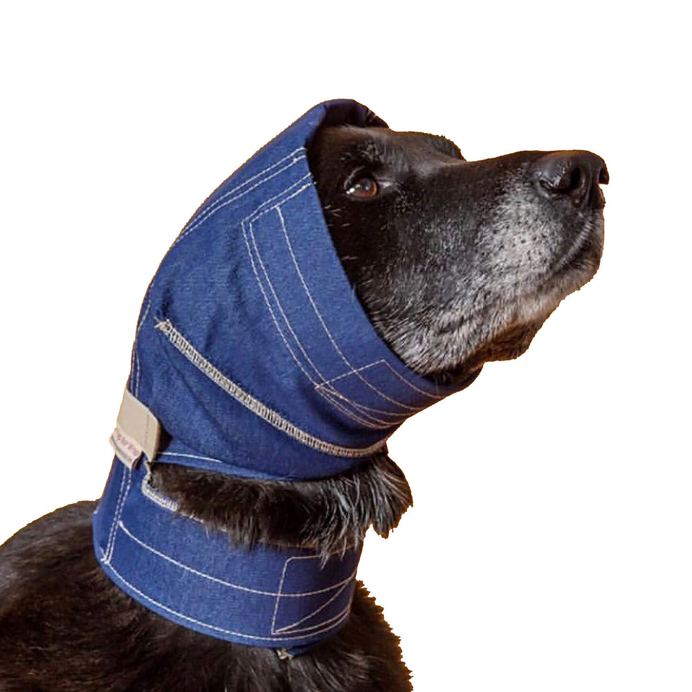 No Flap Ear Wrap Denim X-Small side view demonstrating secure fit for active dogs.