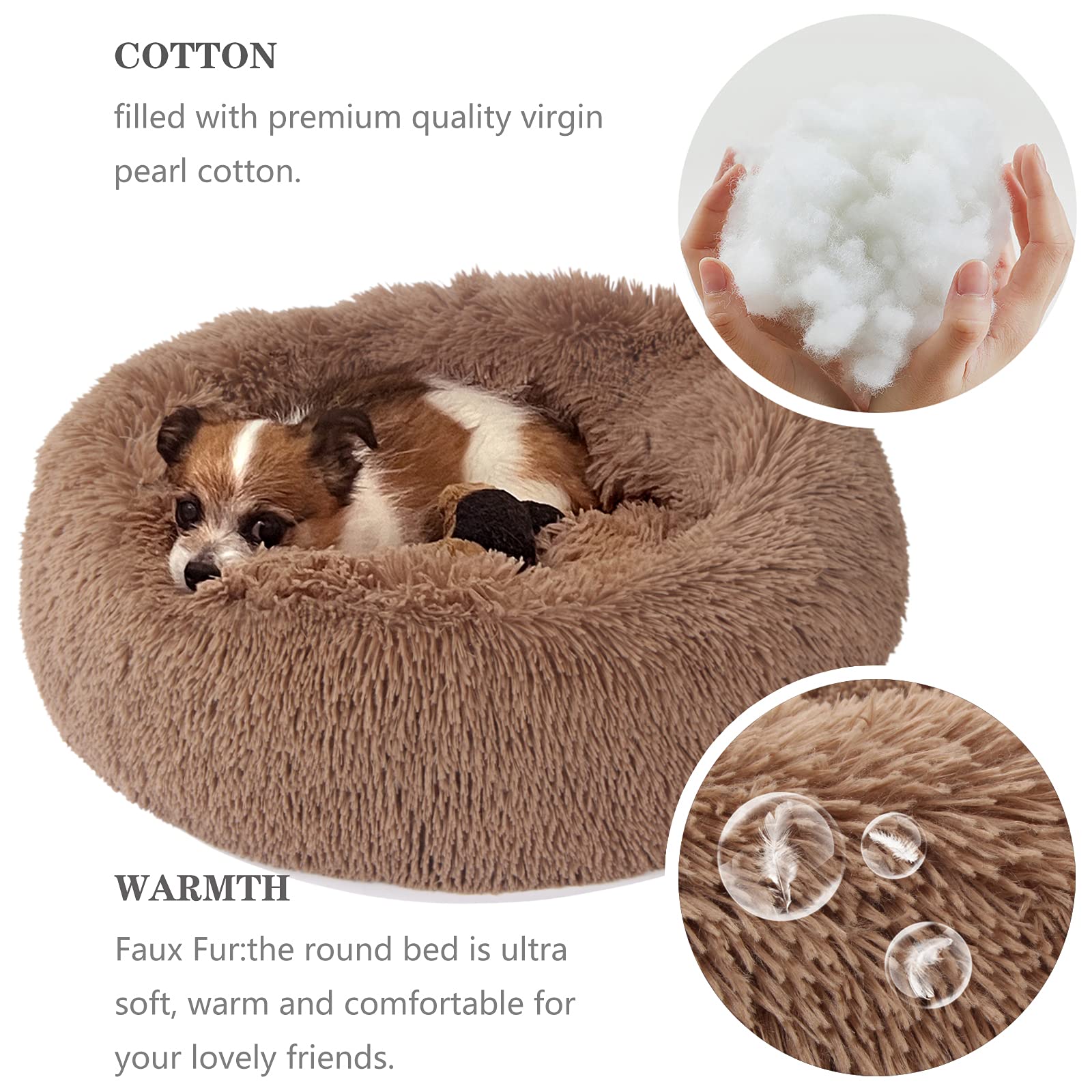 Nononfish puppy bed donut fluffy outer faux fur for luxurious warmth and naps.