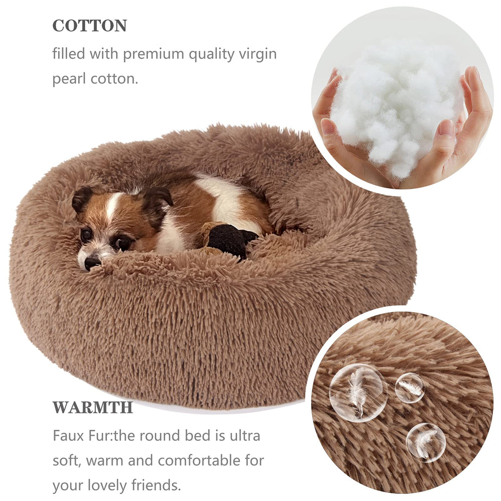 Nononfish puppy bed donut fluffy outer faux fur for luxurious warmth and naps.