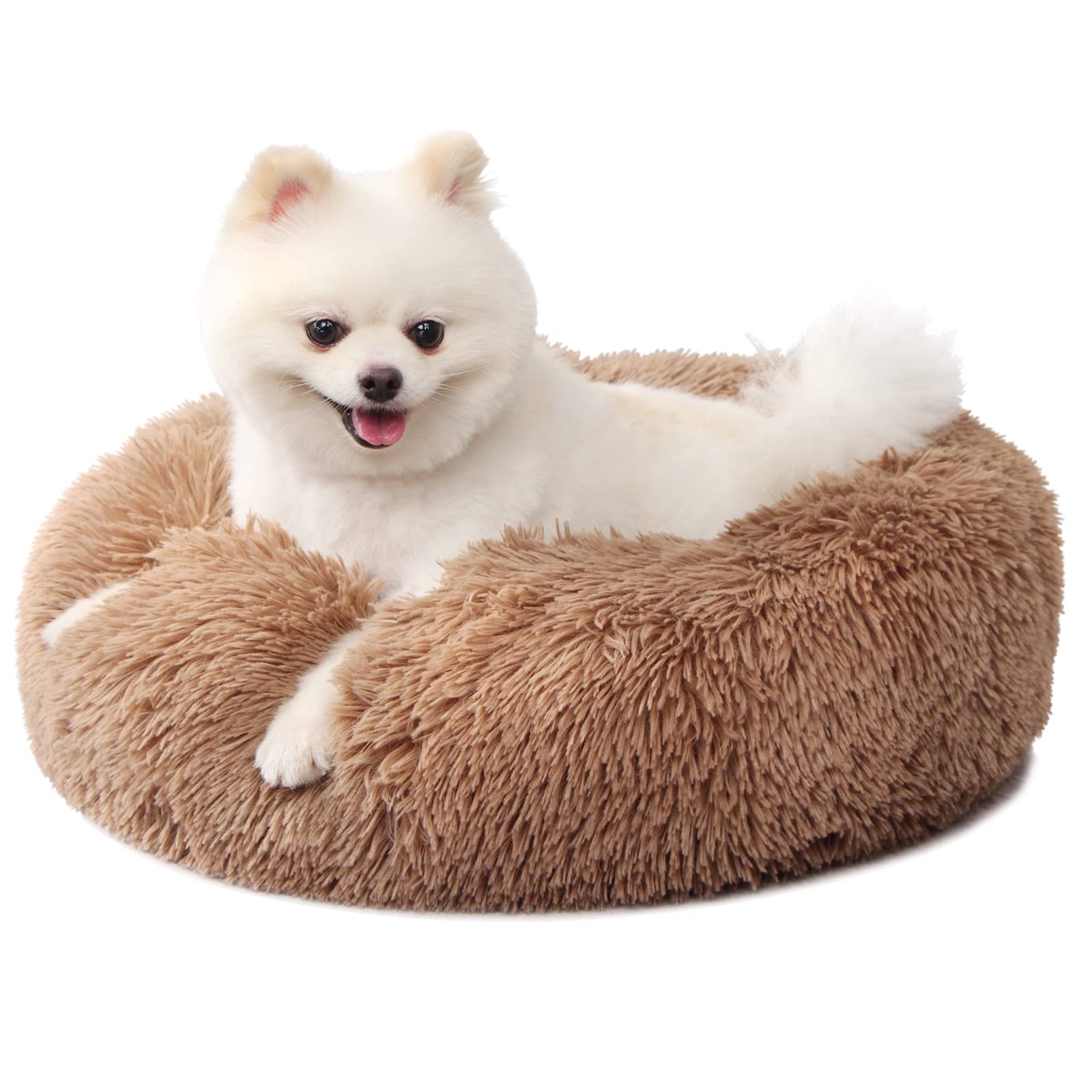 Nononfish small puppy bed round 19in camel provides cozy burrow-style comfort for small dogs.