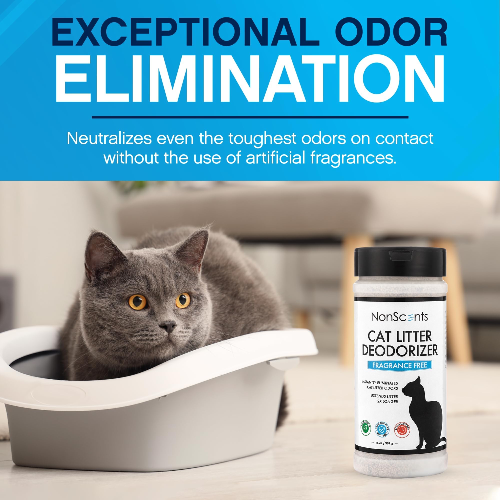 NonScents sprinkle-over-litter action demonstrates molecular odor neutralization in real-use litter scenarios