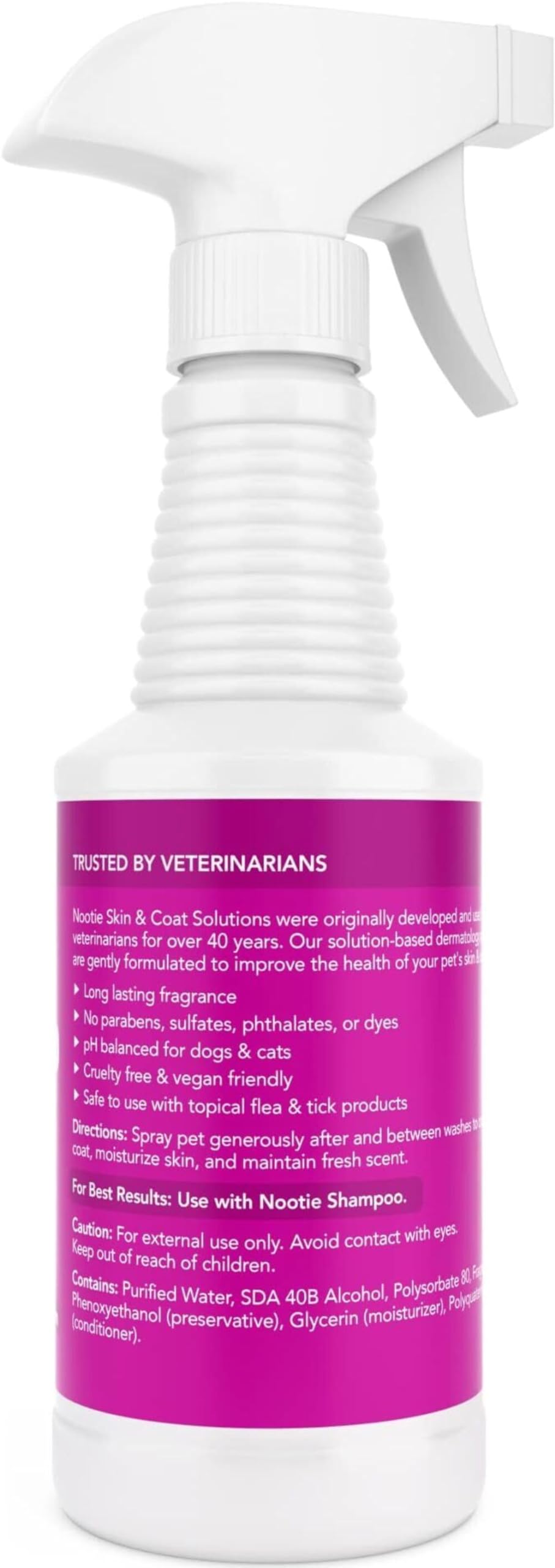 Nootie Daily Spritz label closeup highlights paraben-free, gentle dog coat care.
