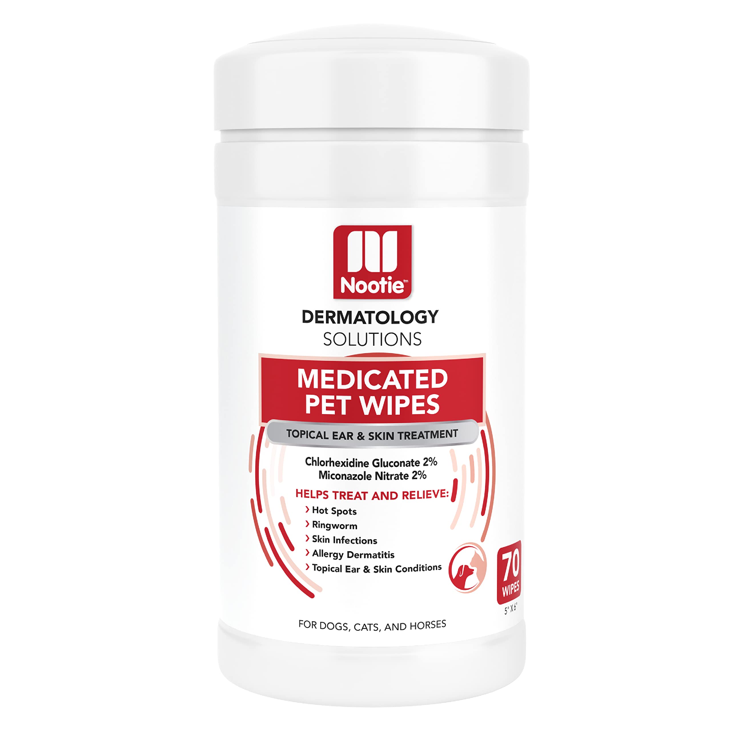 Nootie Medicated Wipes showing active ingredients for skin and ear care in pets.