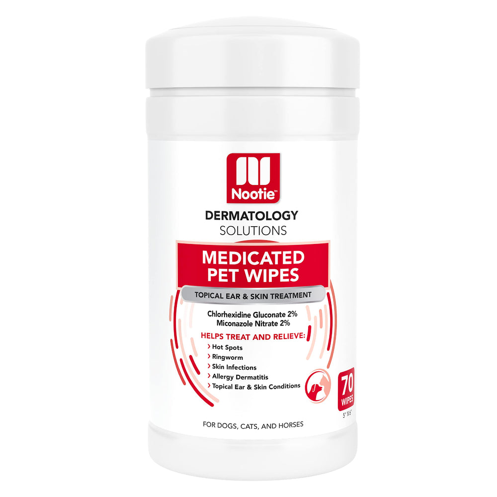 Nootie Medicated Wipes showing active ingredients for skin and ear care in pets.