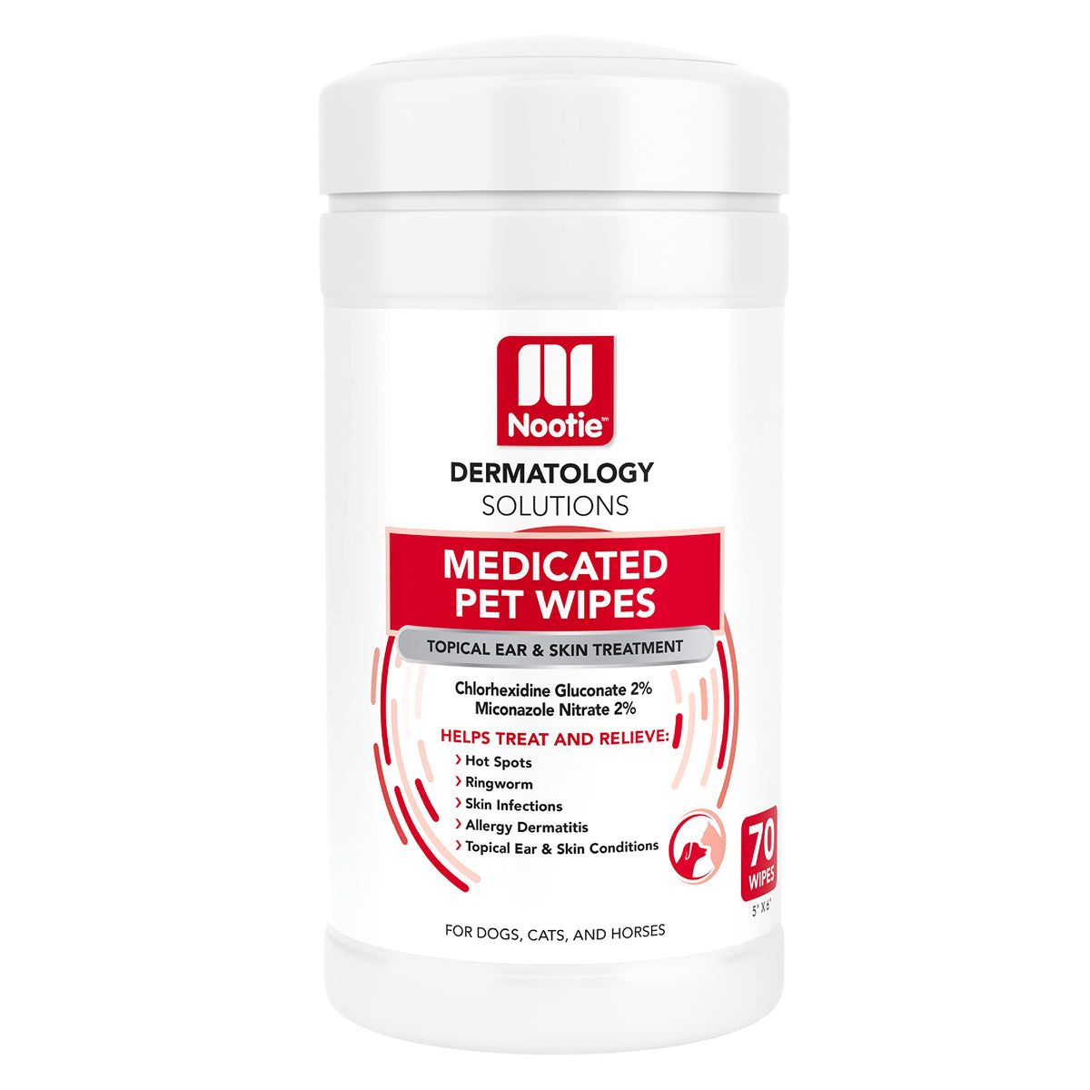Nootie Medicated Wipes showing active ingredients for skin and ear care in pets.