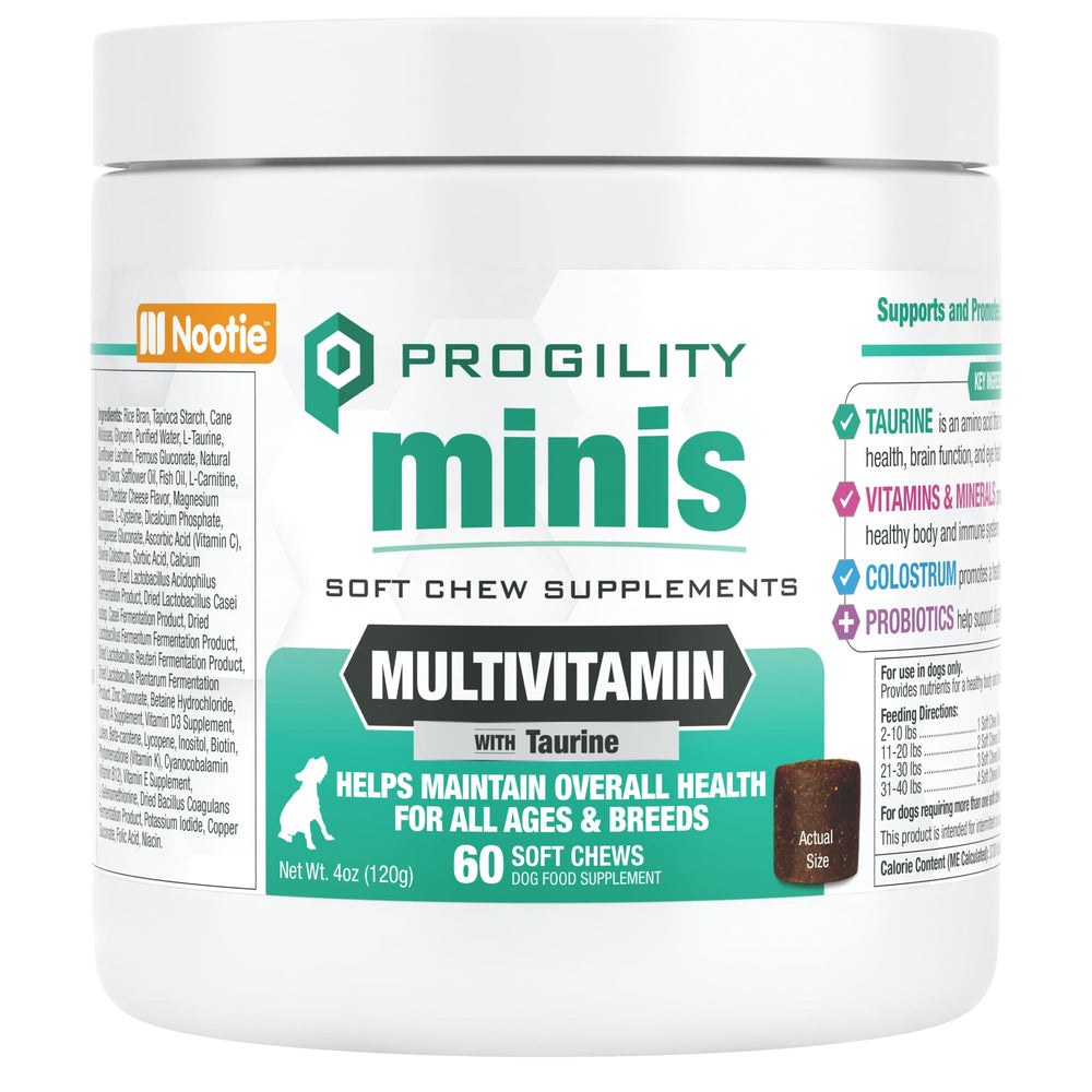 Nootie Progility bottle front showing mini chews for immune, heart, and eye health.