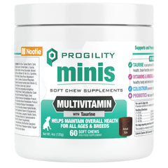 Nootie Progility bottle front showing mini chews for immune, heart, and eye health.