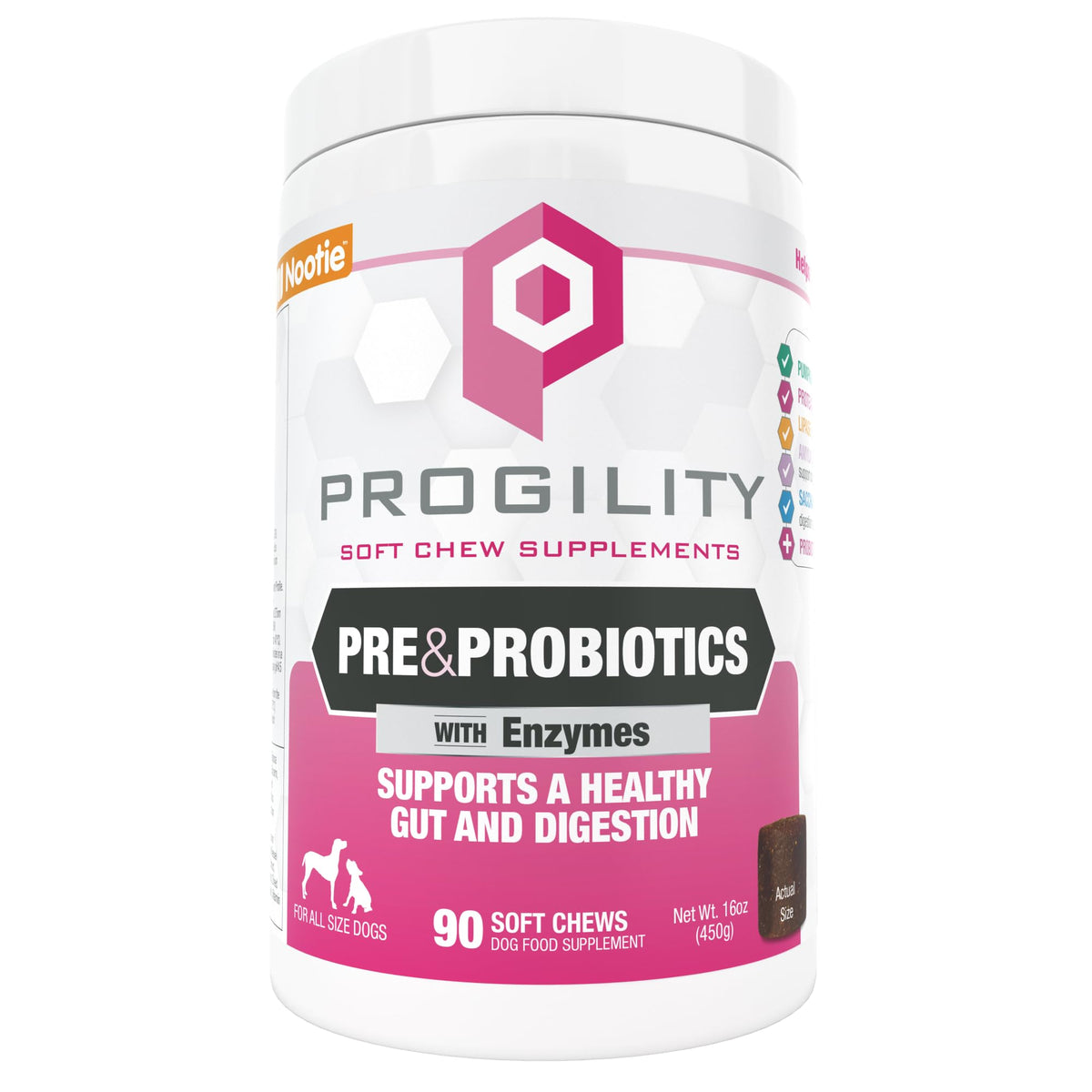 Nootie Progility soft chews bottle front offering digestive support for dogs
