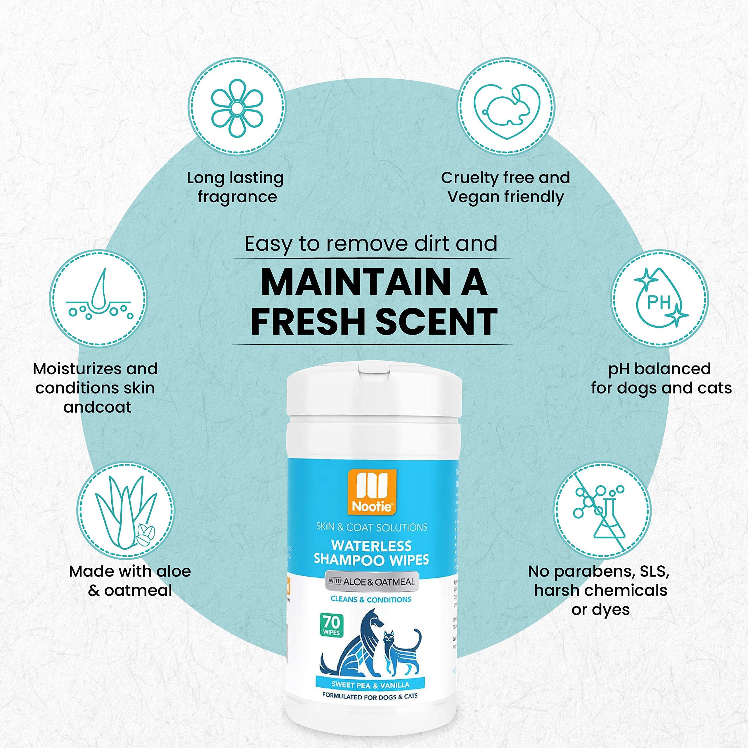 Nootie coat deodorizing wipe gives pet a fresher coat between baths.