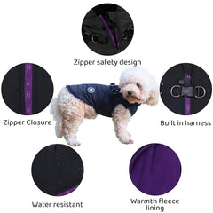 Norbi dog winter coat harness side profile shows secure leash attachment