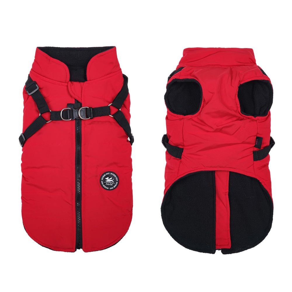 Norbi dog winter jacket with harness front view for secure, cozy walks.
