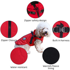 Norbi dog winter jacket on outdoor walk in light snow highlighting windproof shell.