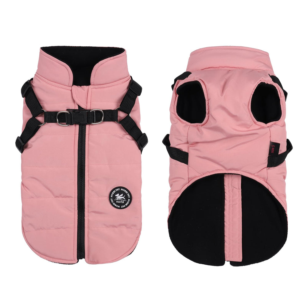 Norbi small dog coat with harness pink close-up showing warm winter protection