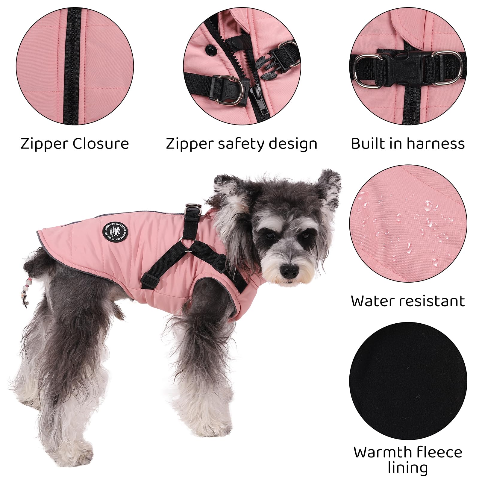 Norbi dog harness coat back-zip close-up demonstrates effortless dressing