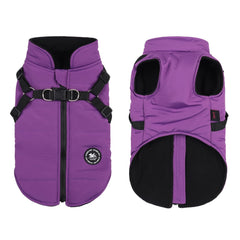 Norbi small-dog coat with harness on purple dog for winter walks