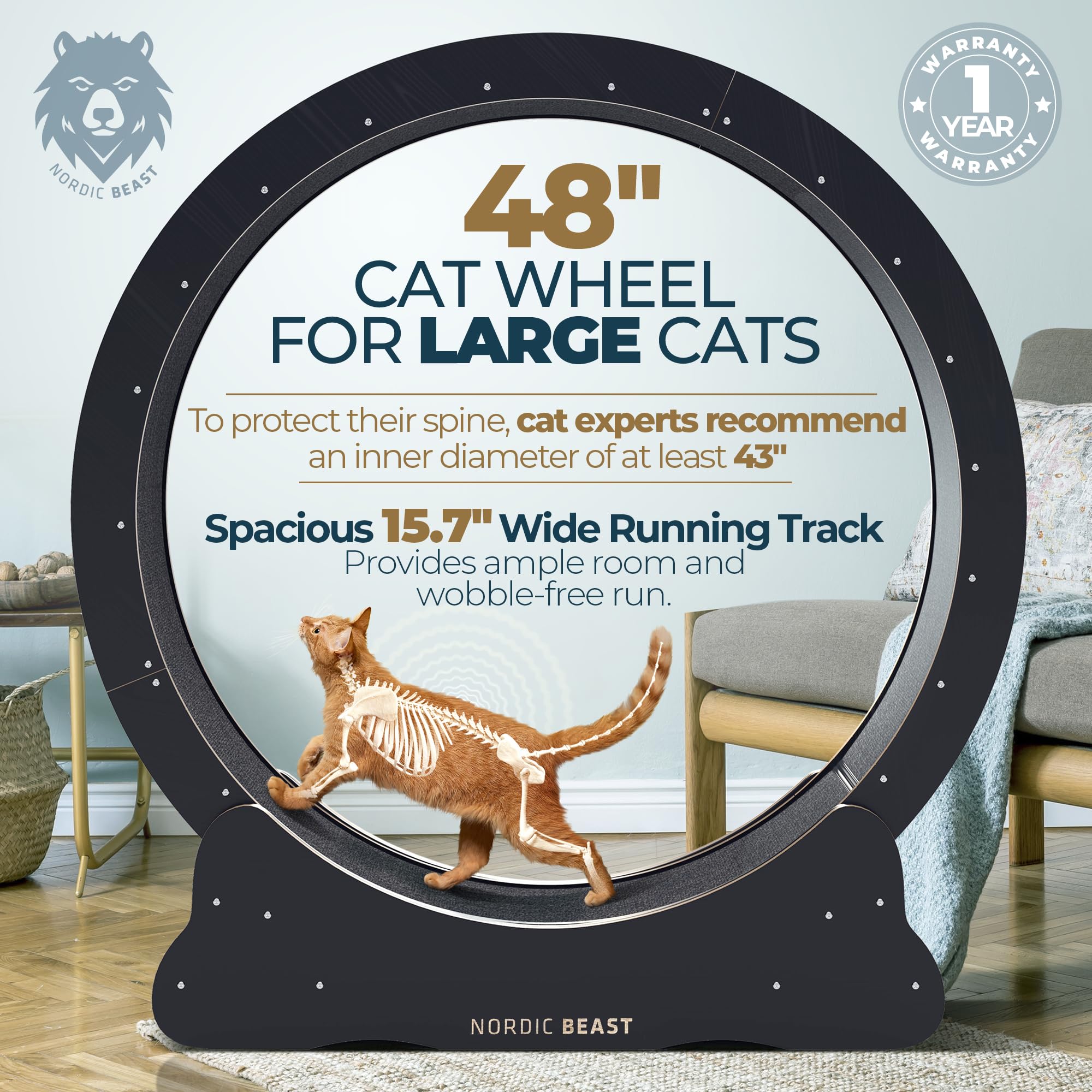 Nordic Beast 48'' XL cat wheel with 15.7-inch wide surface for comfortable two-cat runs.