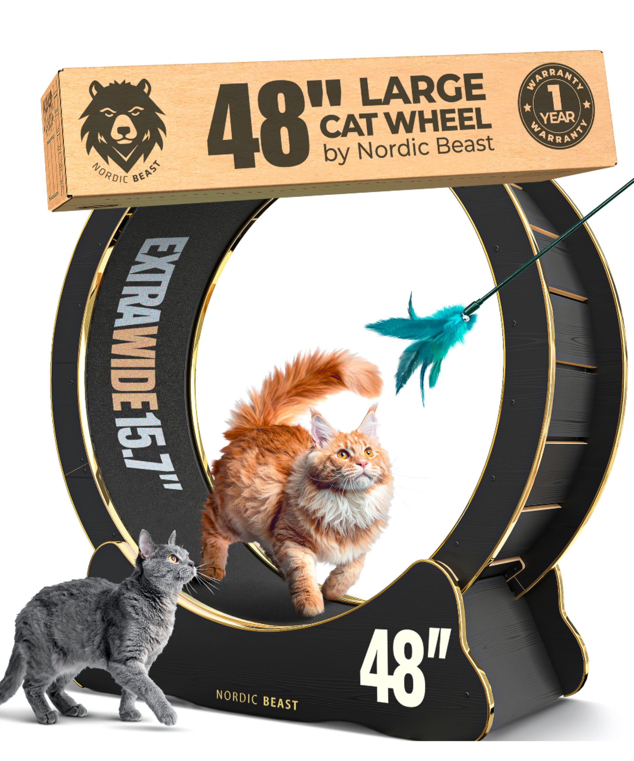 Nordic Beast Gold 48'' cat wheel side view shows roomy surface for large cats