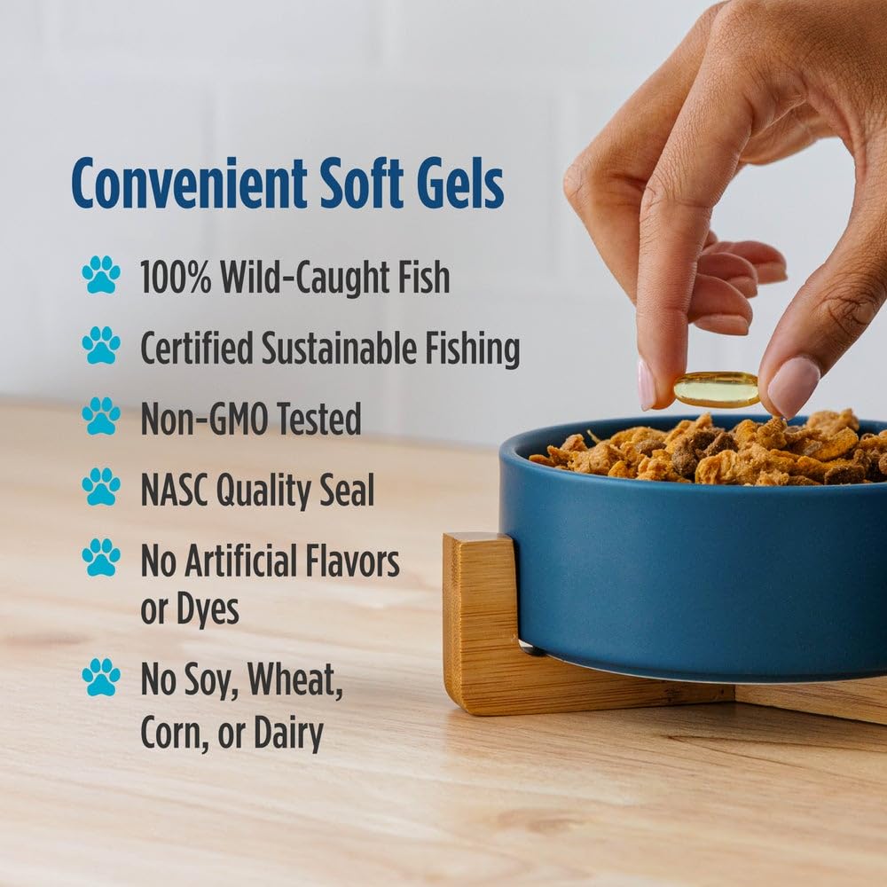 Nordic Naturals Omega-3 Pet purity badge shows non-GMO, gluten- and dairy-free ingredients.