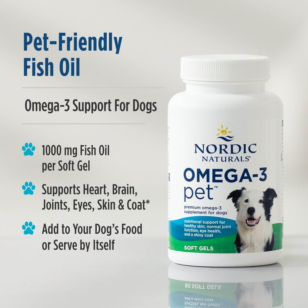 Nordic Naturals Omega-3 Pet softgel bottle close-up showing easy dosing