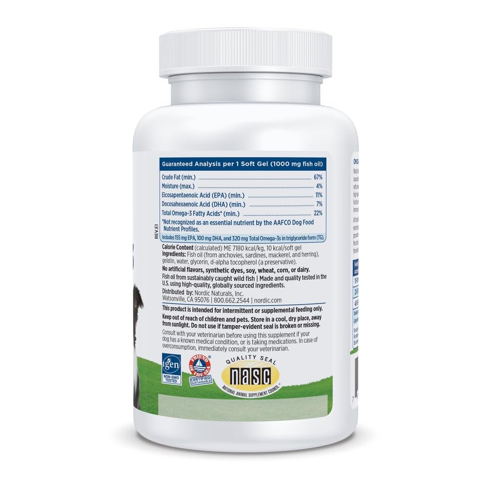 Nordic Naturals Omega-3 Pet softgels image highlights easy dosing for dogs