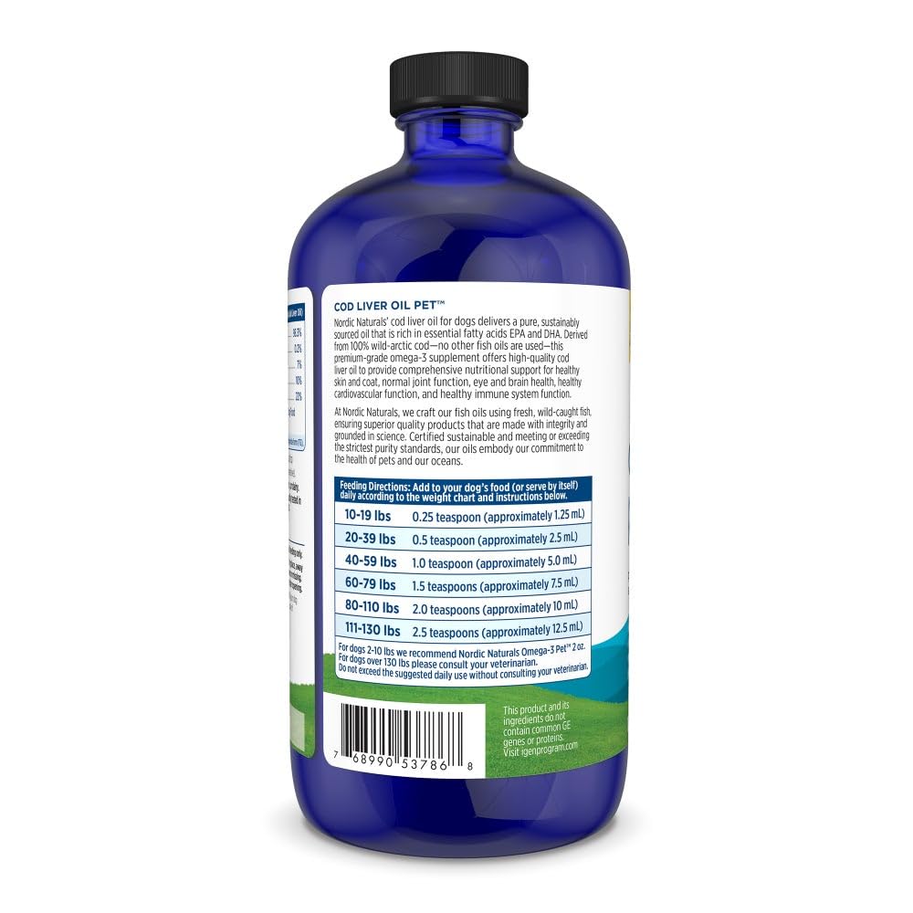 Closeup of Nordic Naturals Pet Cod Liver Oil bottle showing ingredients and purity for dogs