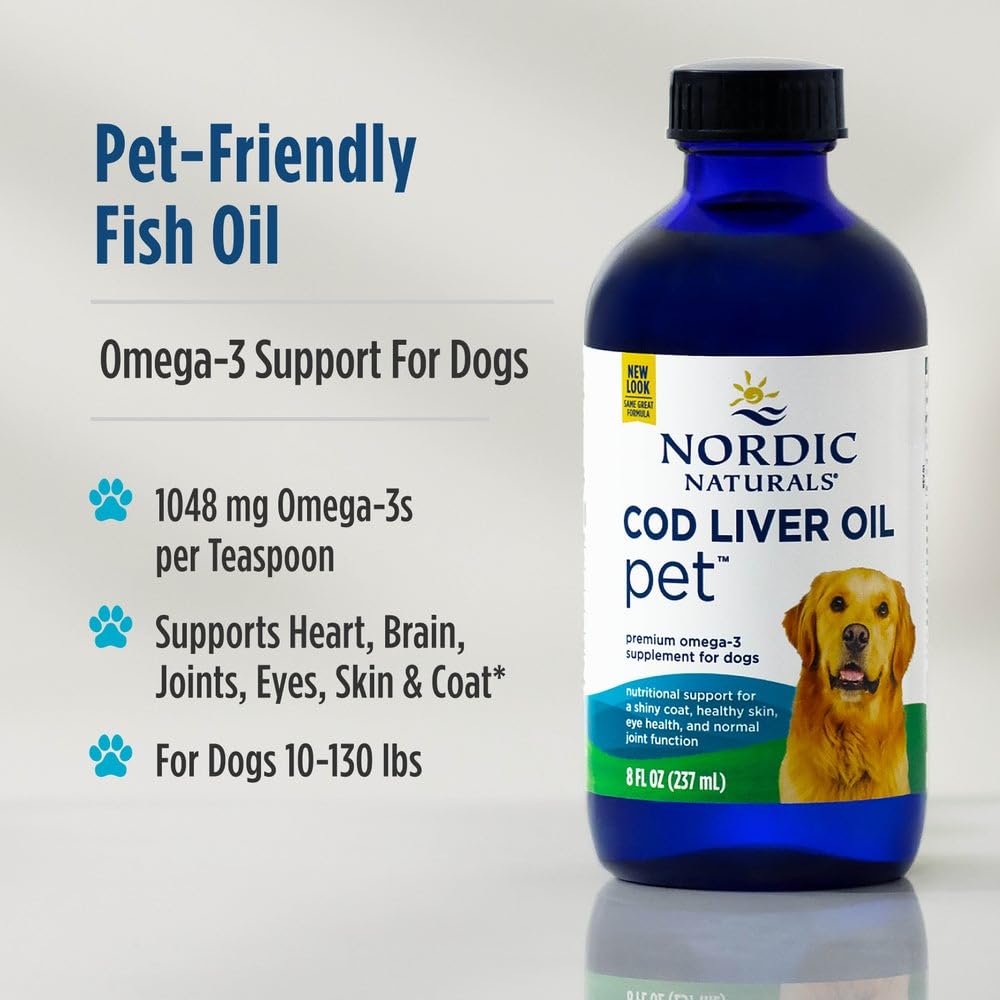 Nordic Naturals Pet Cod Liver Oil bottle beside dog treats for daily wellness