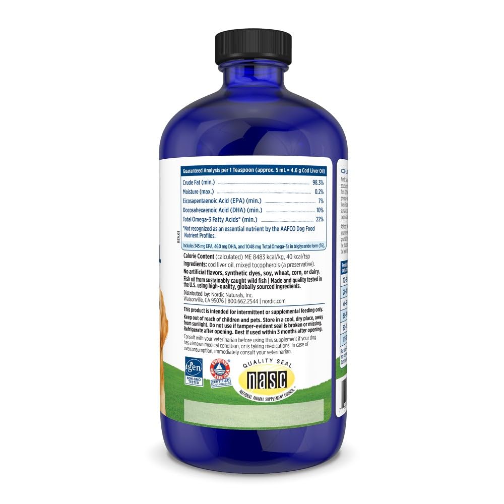 Nordic Naturals Pet Cod Liver Oil being poured over dog food delivering 1048 mg omega-3 per teaspoon