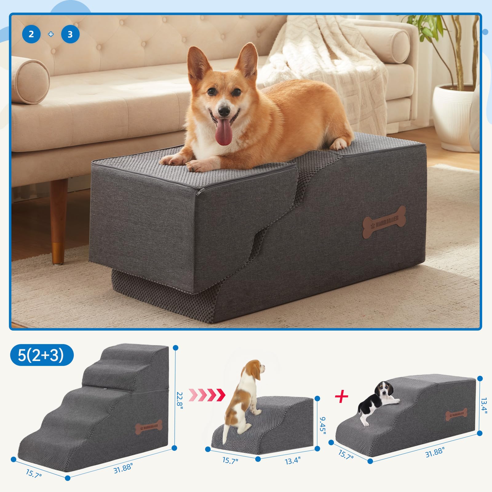 Nordjager 5-Step Spliceable Pet Stairs cover removed shows washable, detachable cover