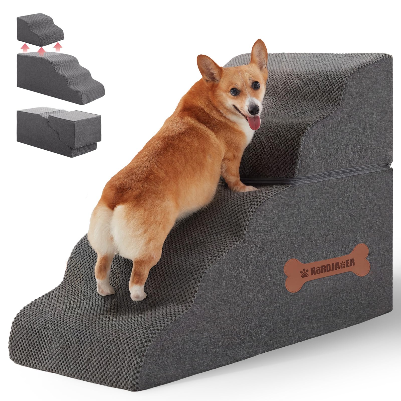 Nordjager 5-Step Spliceable Pet Stairs fully assembled in grey offer easy access for small pets