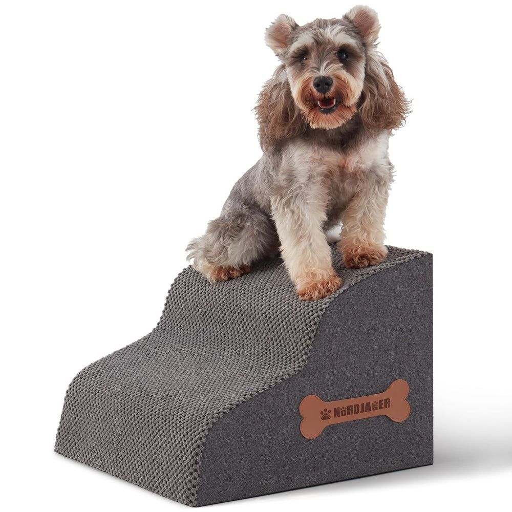 Nordjager dog stairs 2 steps gray with non-slip bottom for safe couch access.