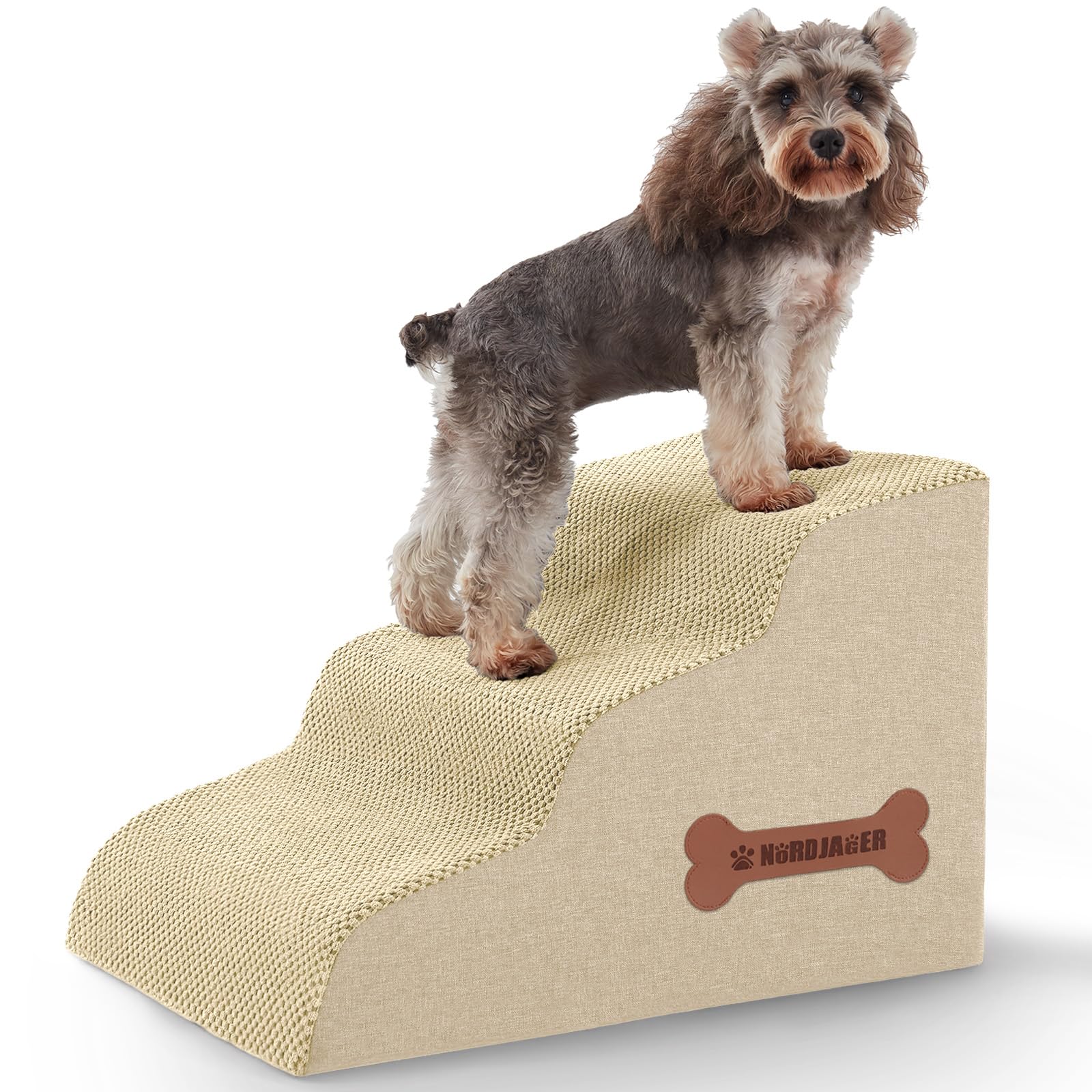 Nordjager Dog Stairs 3-Step beige front angle aids easy bed access for small dogs.