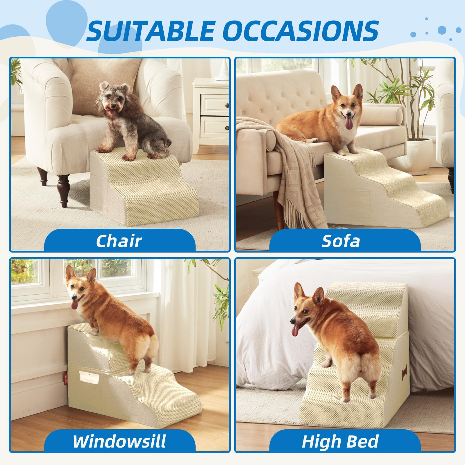 Nordjager Dog Stairs 3-Step beige non-slip base keeps pets secure during climbs.