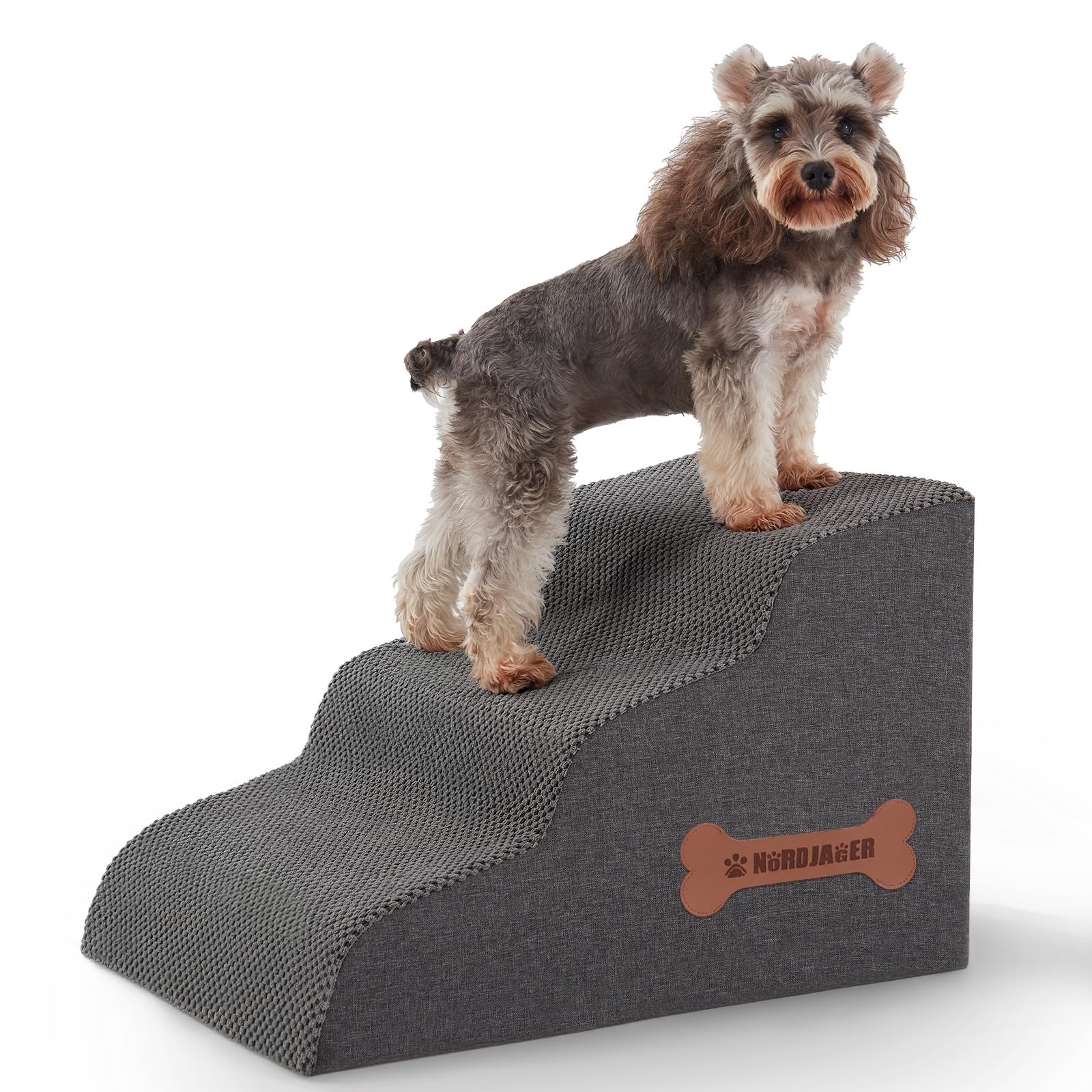Nordjager Dog Stairs 3-Step on bed shows easy access and stability.